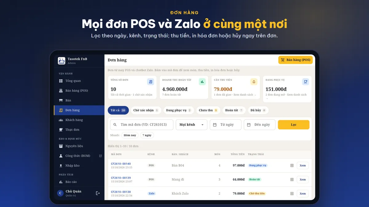 Quản lý đơn POS và đơn Zalo
