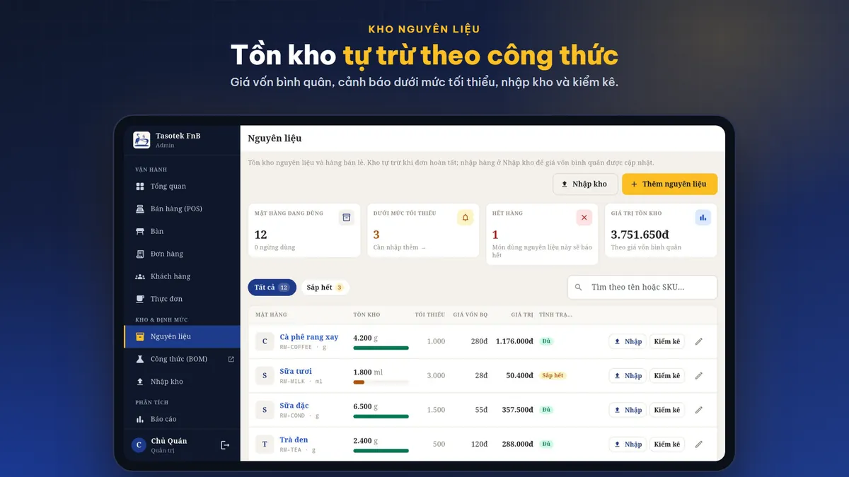 Tồn kho nguyên liệu tự trừ theo công thức